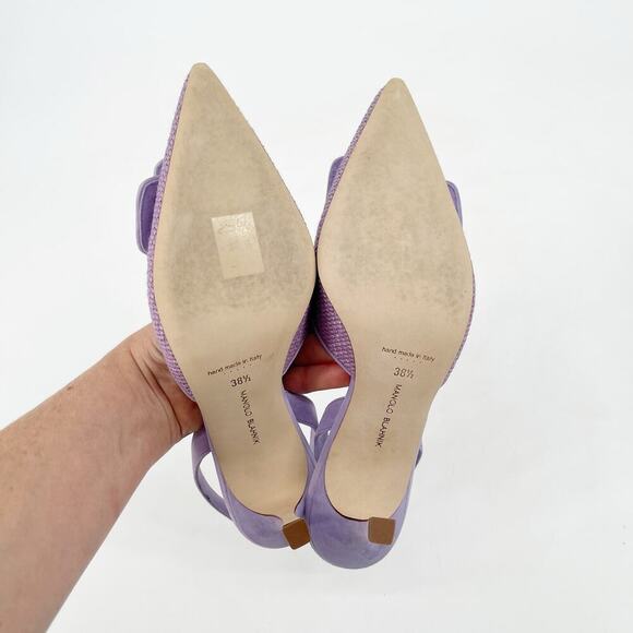 Manolo Blahnik Mayslibi Lilac Raffia Slingback Buckle Pointed Toe Heels IT 38.5 - Picture 10 of 12